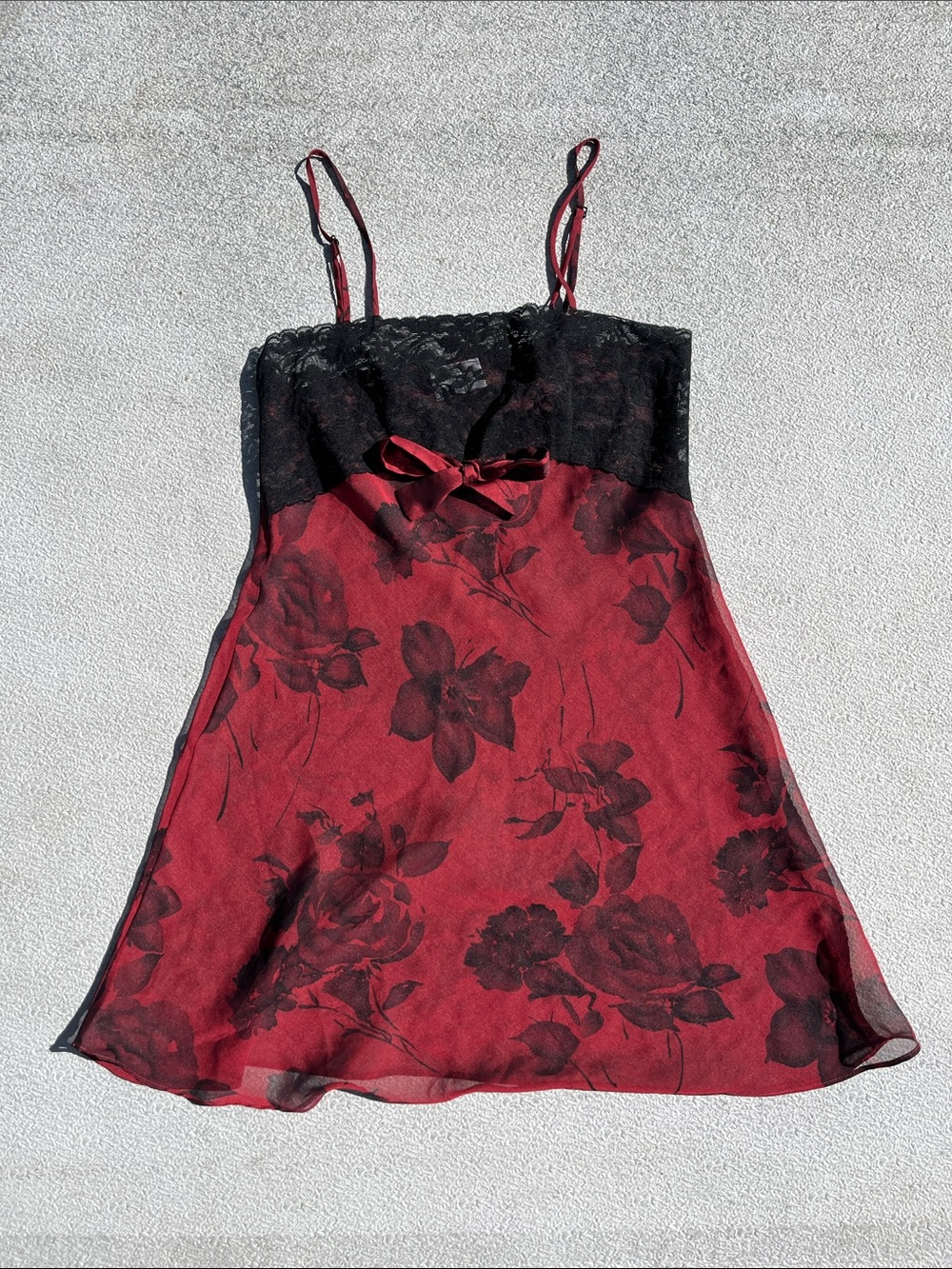 Vintage La Vie En Rose Red Floral Lace-Trim Chemise Nightdress